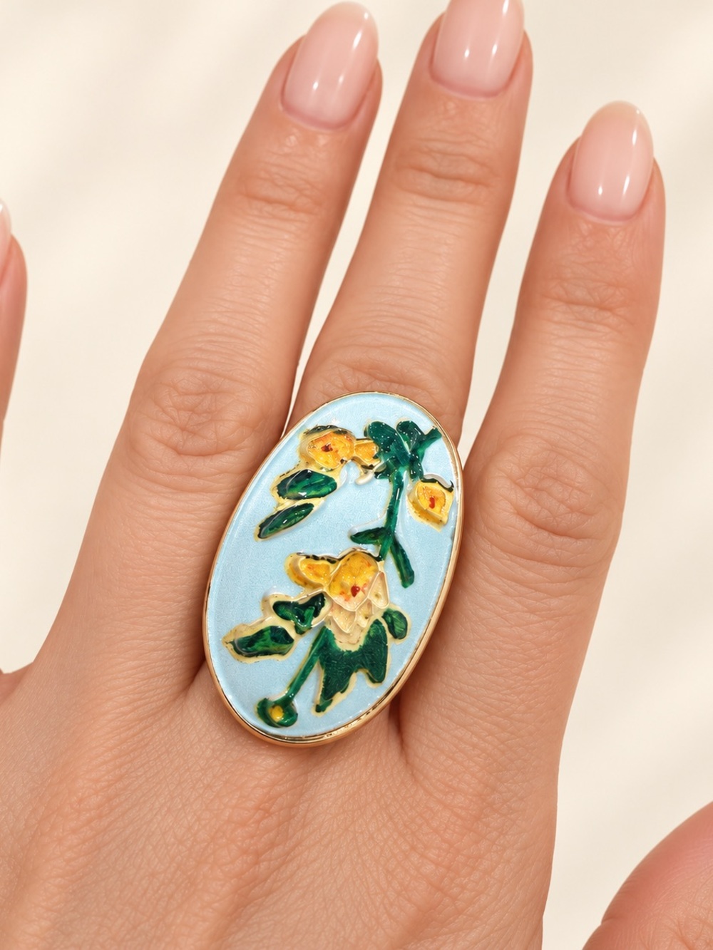 Hand-Painted Floral Oval Ring in Light Blue and Yellow - Women Jewelry